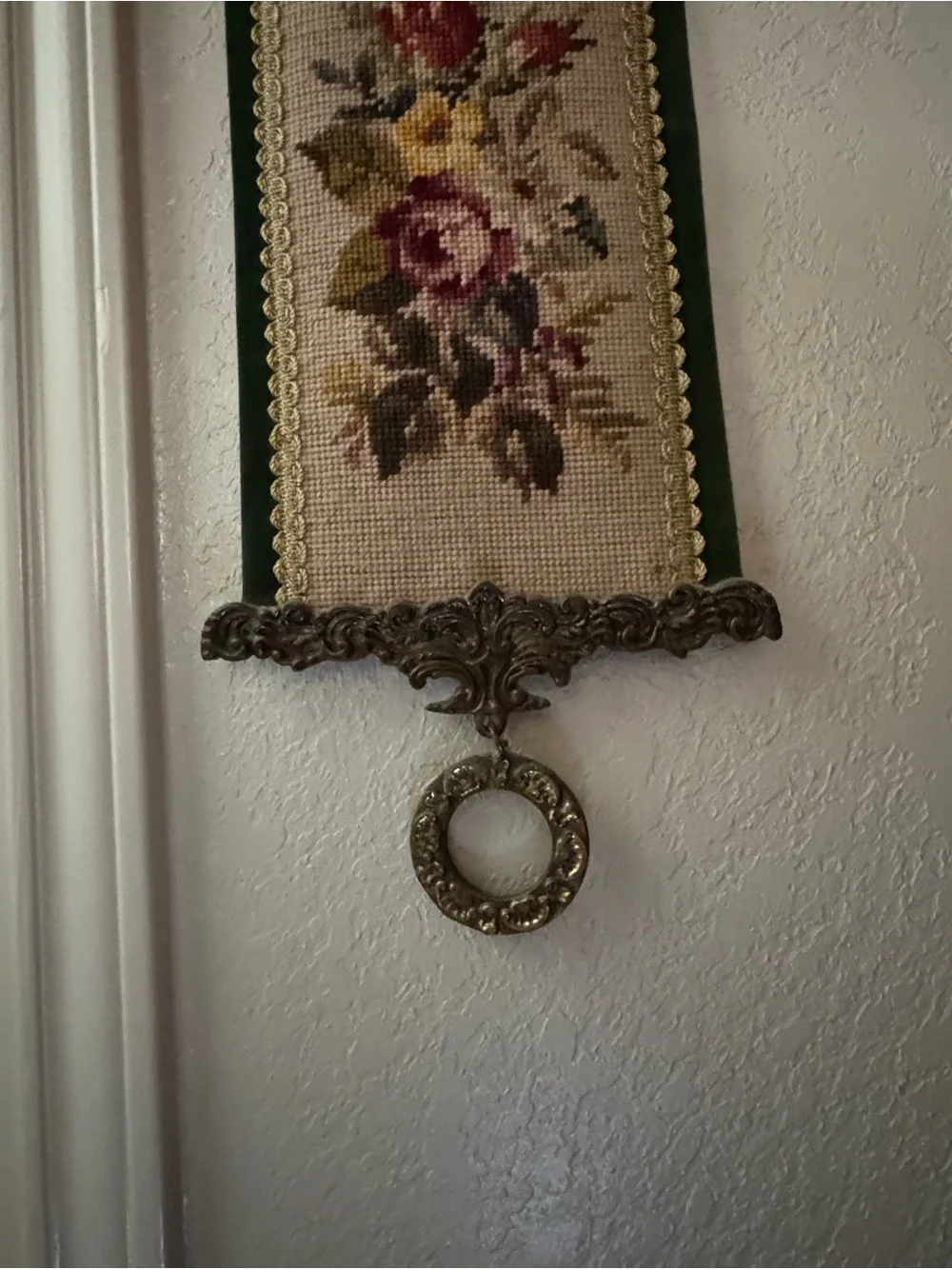 Vintage Floral Needlepoint Wall Tapestry in Green and Burgundy Floral design